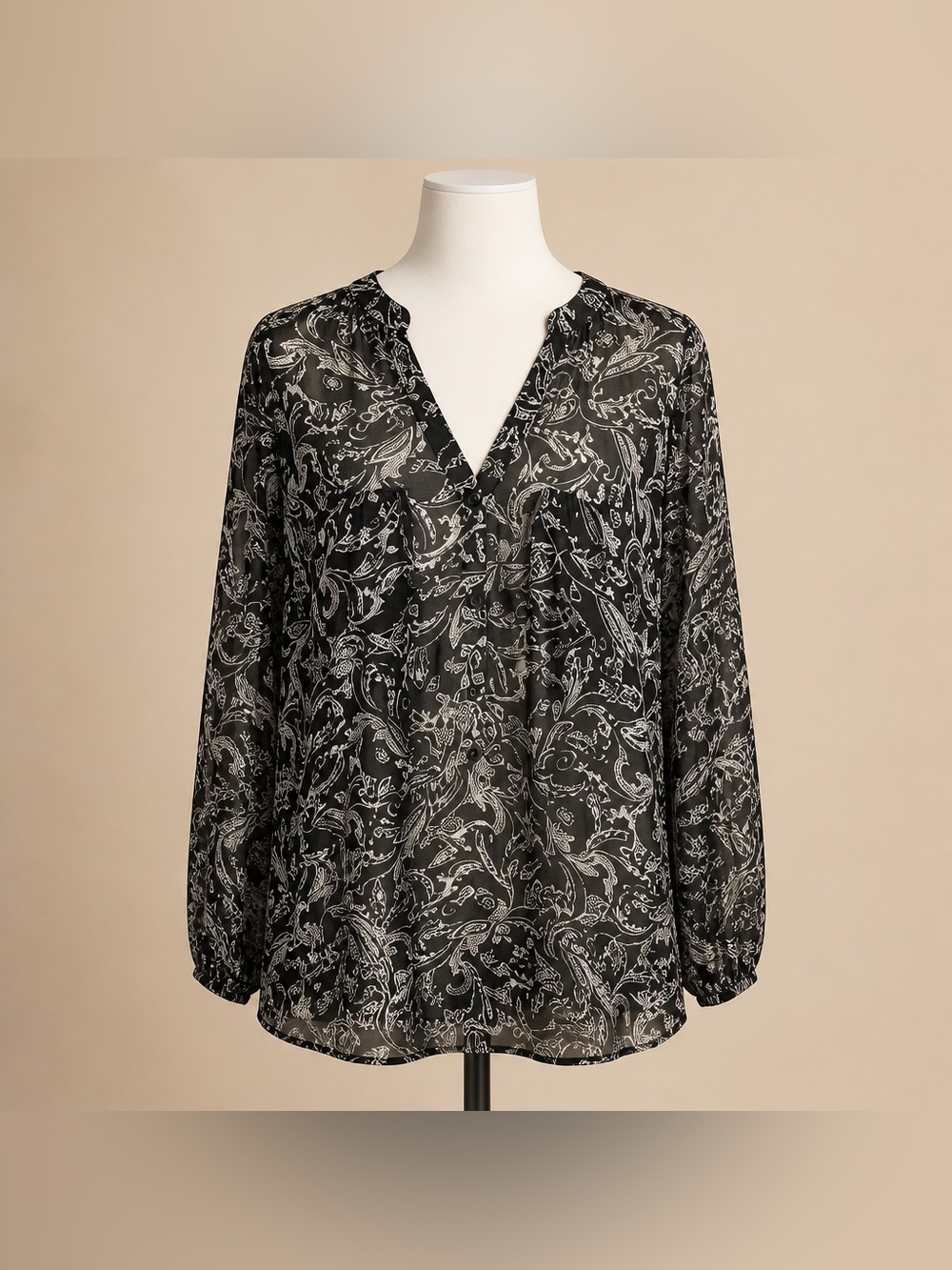 GAP XXL Long Sleeve Paisley Print Sheer Polyester Button V Neck Blouse